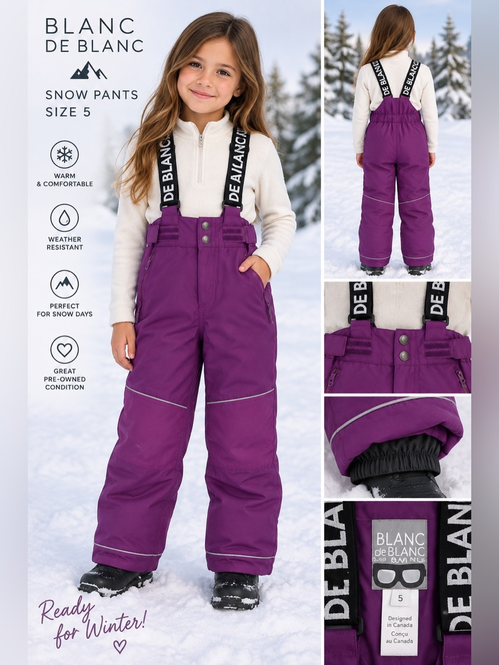 Blanc de Blanc Girls Purple Snow Pants Ski Bib Size 5